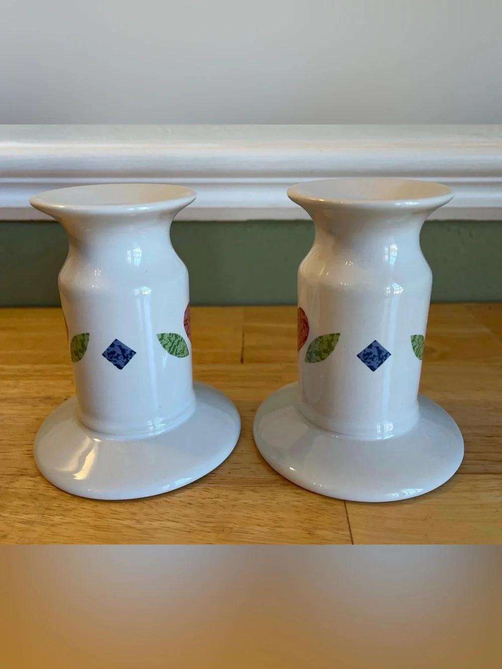 Corningware White Candle Holders set Quilt Heart pattern 4” /1994
